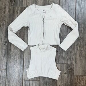 Nike Womens Ribbed Knit Crop Top Tank Cardigan Set White‎ Large Athletic